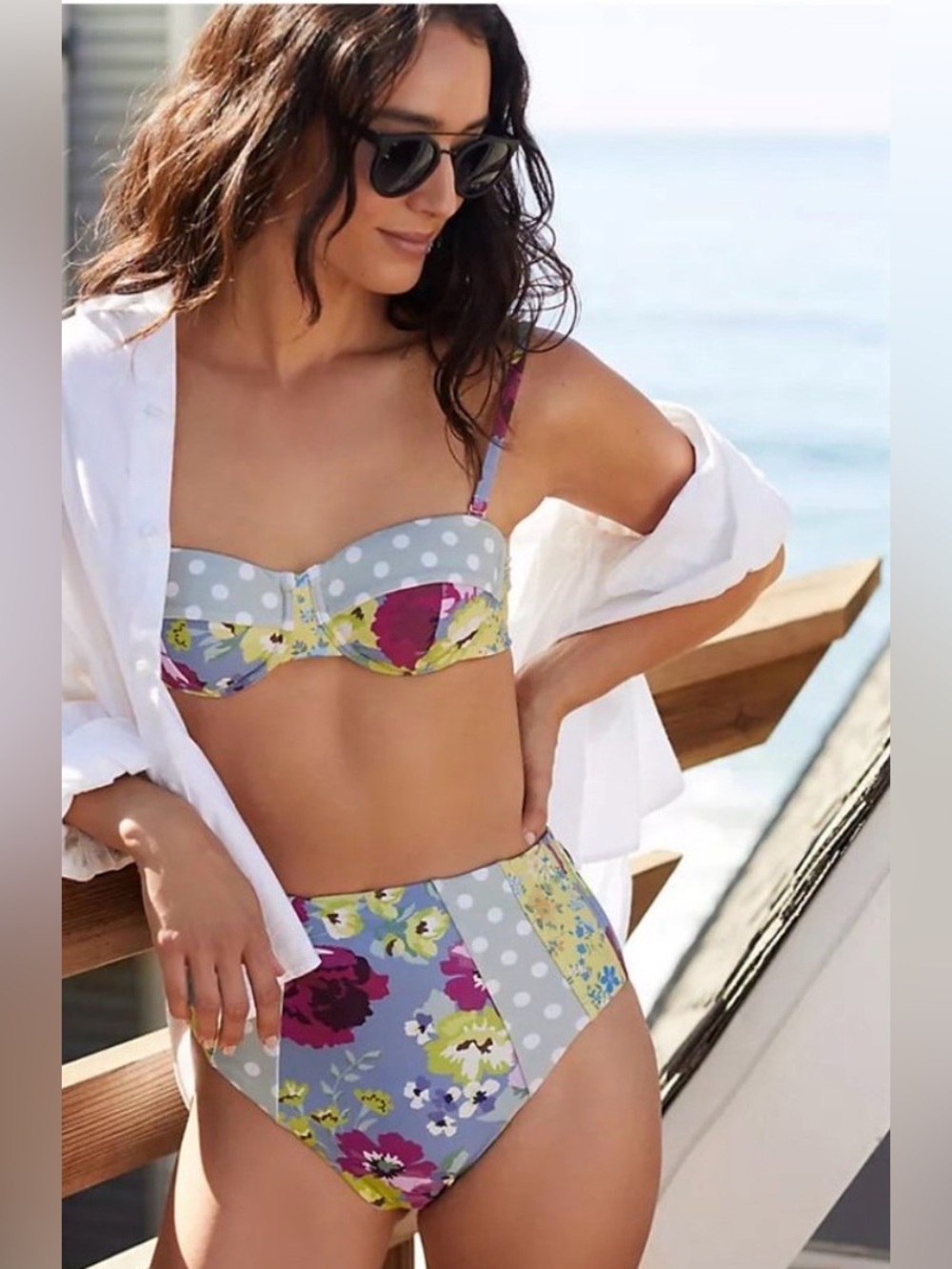 ANTHROPOLOGIE Floral Polka Dot Two Piece Bikini Set High Waist Swimsuit Small